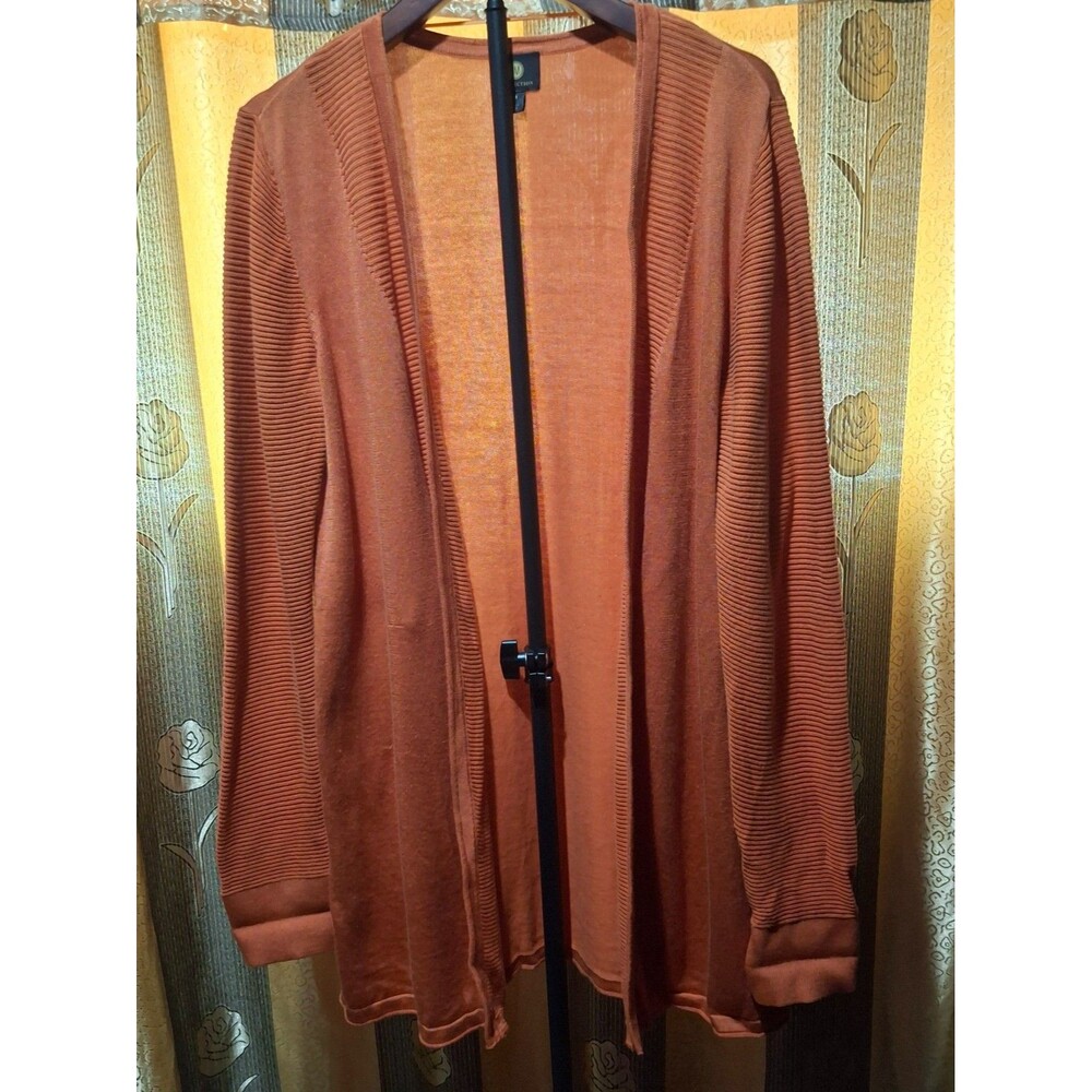 JM Collection Burnt Orange Longline Open Front Cardigan Sweater Ribbed Women M